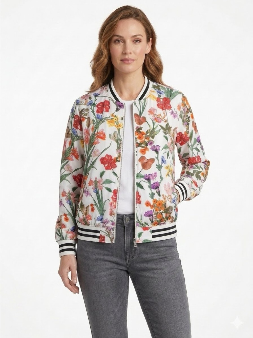 Alyx Floral Bomber Jacket - White with Multi-Color Blooms Size L